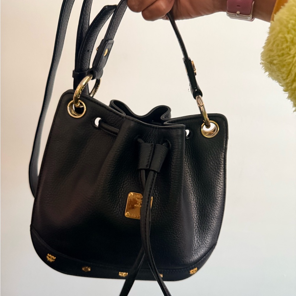 MCM Black Leather Drawstring Crossbody Bag with Gold Hardware